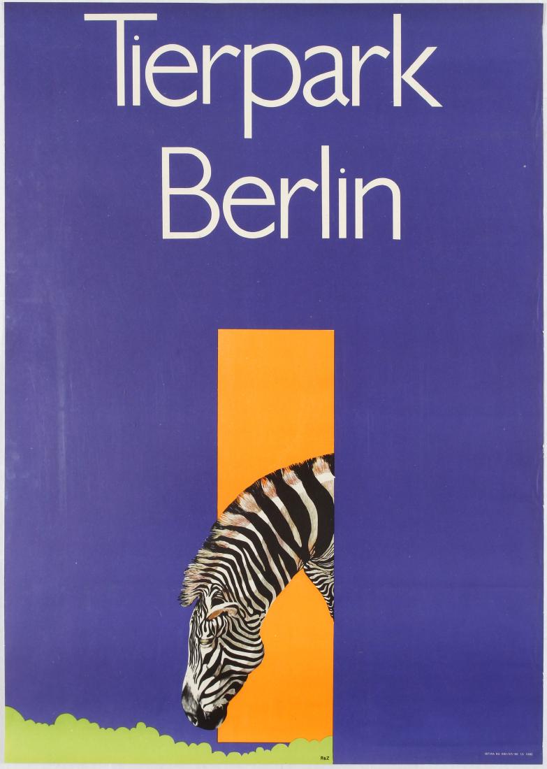 Advertising poster Tierpark Berlin Zebra: Advertising poster Tierpark Berlin. Colourful Illustration features zebra sticking out it's head from the orange door and green grass below on the purple background. Stylised lettering above. Good con