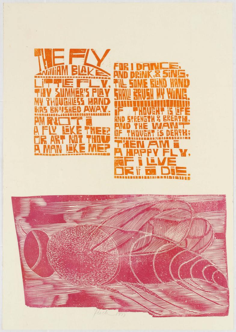 Signed Art Linocut Poster The Fly William Blake: Signed Limited Edition Art Linocut Poster The Fly William Blake. Illustration features stylised drawing of the Fly in action made in purple color-scheme. A poem in orange lettering above. Paul Peter P