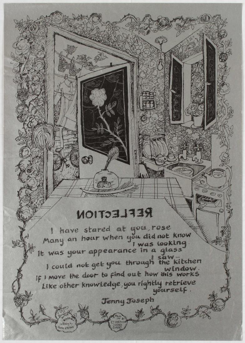 Advertising poster Reflection Jenny Joseph: Advertising artist poster Reflection Jenny Joseph. Illustration made on silver shiny paper features a kitchen and an open door to the backyard in the flowered frame. Stylised lettering by Anna Steane 