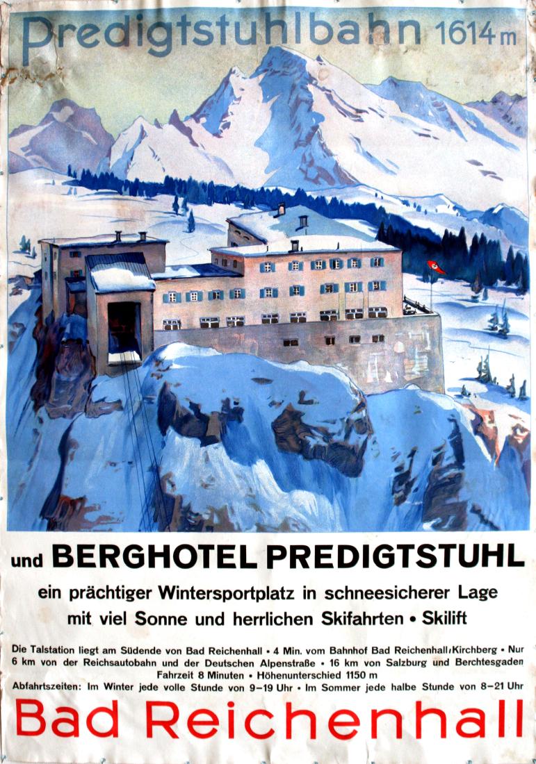 Travel Poster Predigtstuhlbahn Germany: Travel Posters Predigtstuhlbahn. Original vintage travel poster printed in Germany in the 1930s advertising the Predigtstuhlbahn (the world's oldest large-cabin cable car, since 1928) at the height of