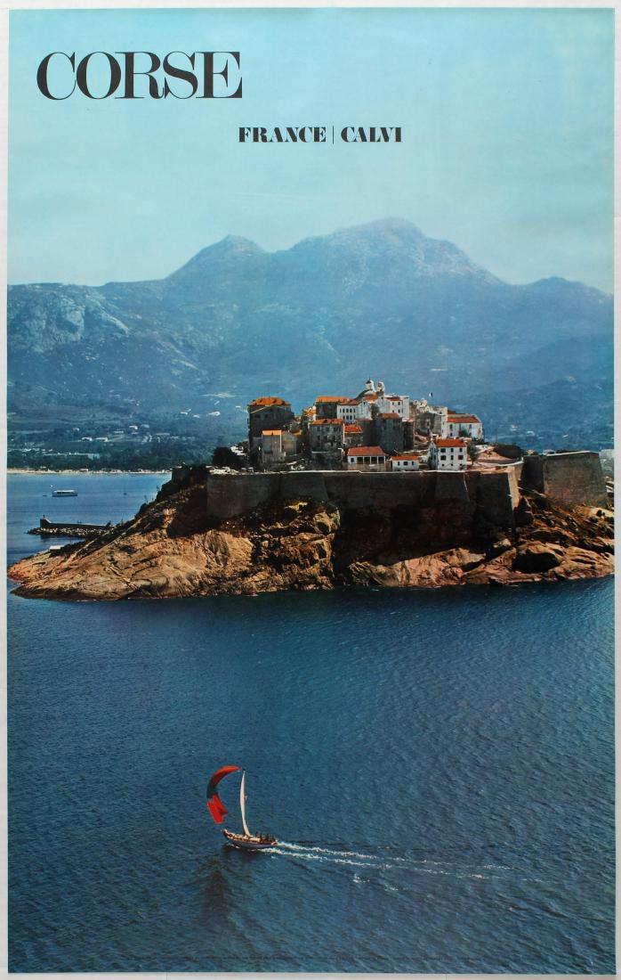 Travel poster Corsica France: Travel poster Corse France Calvi. Illustrarion features a beautifull view of the rocky coast and buildings of the island of Calvi. Mountains on the background. Stylised lettering. Great condition. Cou
