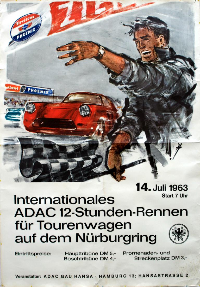 Sport Poster International ADAC 12-hour race 1963: Sport Posters International ADAC 12-hour race 1963. Original vintage advertising poster promoting an International ADAC 12-hour race for touring cars on the famous Nurburg Ring in July 1963. Great ima