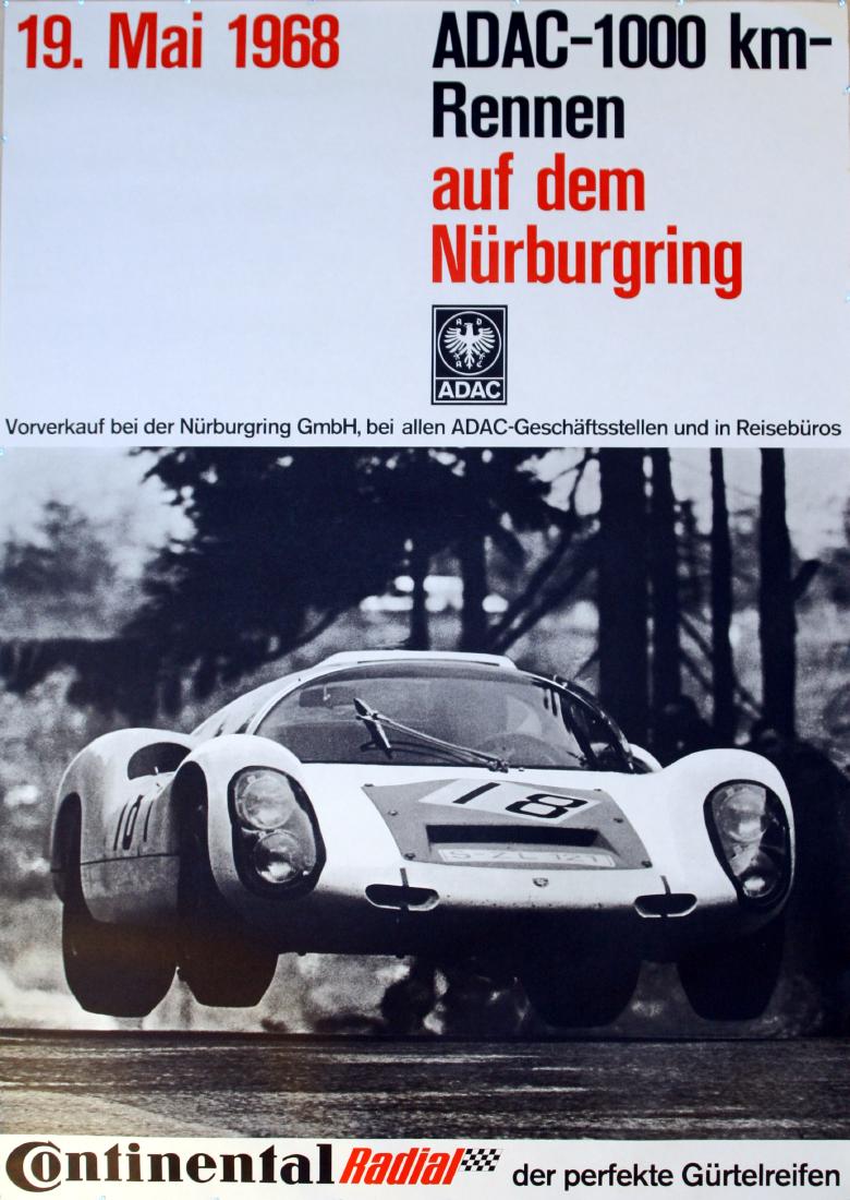Sport Poster 1968 ADAC 1000 km Race Nurburgring: Sport Posters 1968 ADAC 1000 km Race, Nurburgring. Original vintage poster for the ADAC 1000km car race, Nurburging on 19 May 1968. Sponsored by Continental Radial and featuring a Porsche 906 in a mid
