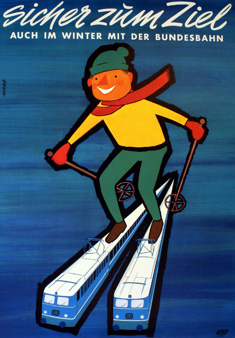 Ski Poster Winter Sport in Germany: Ski Posters Winter Sport in Germany. Original vintage poster: Winter Sport in Germany - Sicher zum Ziel auch im Winter mit der Bundesbahn (Safely to your destination even in winter with the Federal Ra