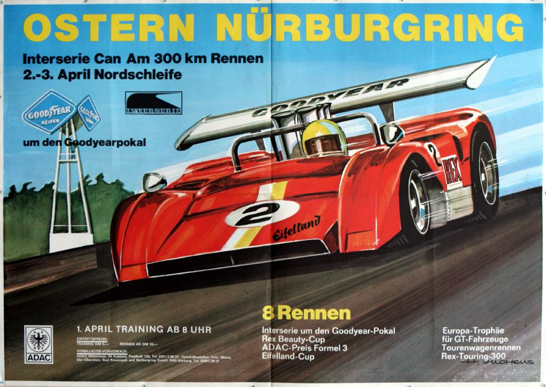 Sport Poster Goodyear Car Racing Poster: Sport Posters Goodyear Car Racing Poster. Original vintage advertising poster for a car race on the Nurburgring course, 300 km. 2-3 April. Designed by H. Eughens. Country: Germany. Year: 1970s. Author