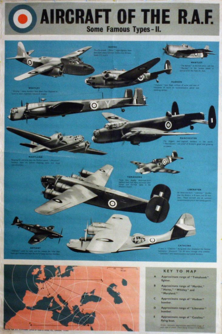Propaganda Poster WWII Aircraft of the Royal Air Force: Propaganda Posters WWII - Aircraft of the Royal Air Force. Original vintage World War Two poster: Aircraft of the Royal Air Force (RAF) - some famous types II photos of the planes with a map of their