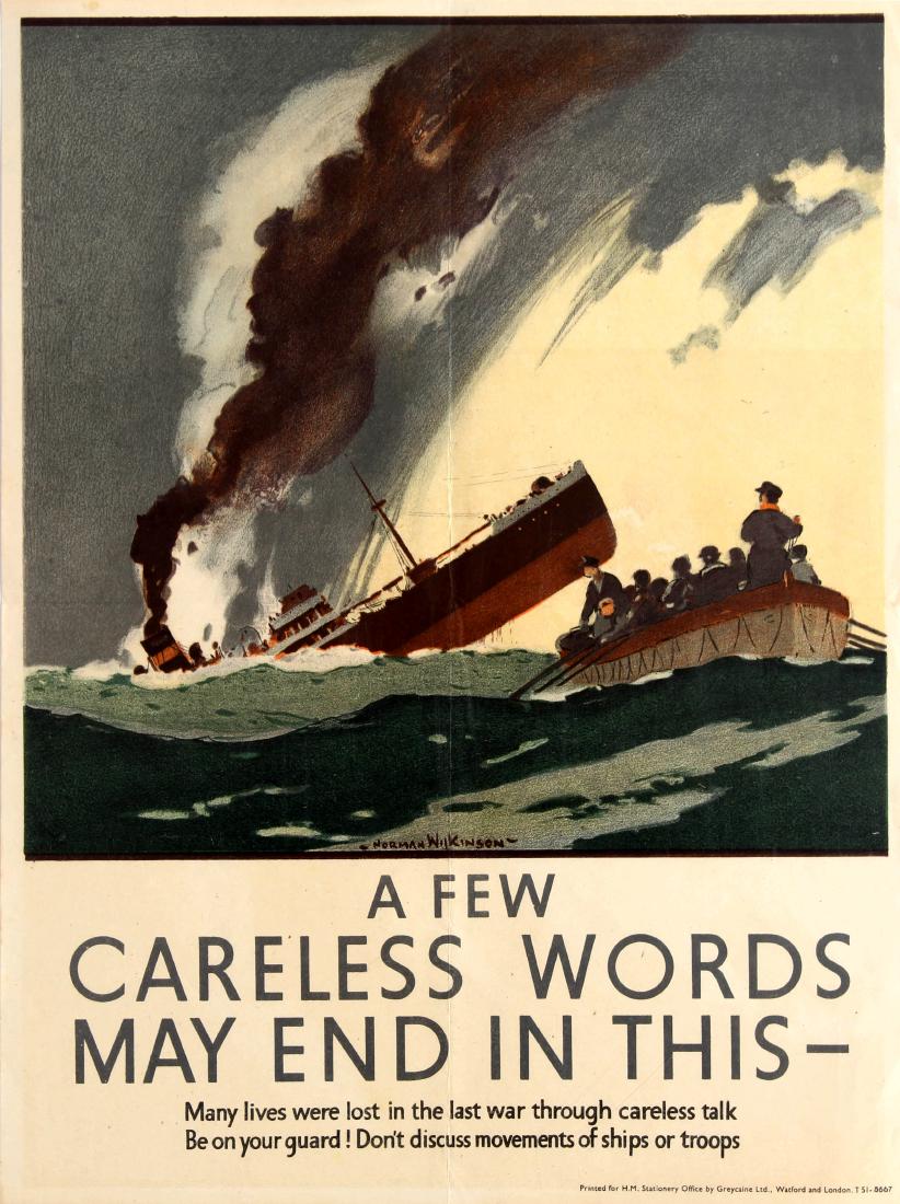 War Poster Careless Words Norman Wilkinson WWII UK: War Posters Careless Words Norman Wilkinson WWII UK. Original vintage World War Two propaganda poster by the notable British artist and illustrator Norman Wilkinson (1878-1971): A Few Careless Words M
