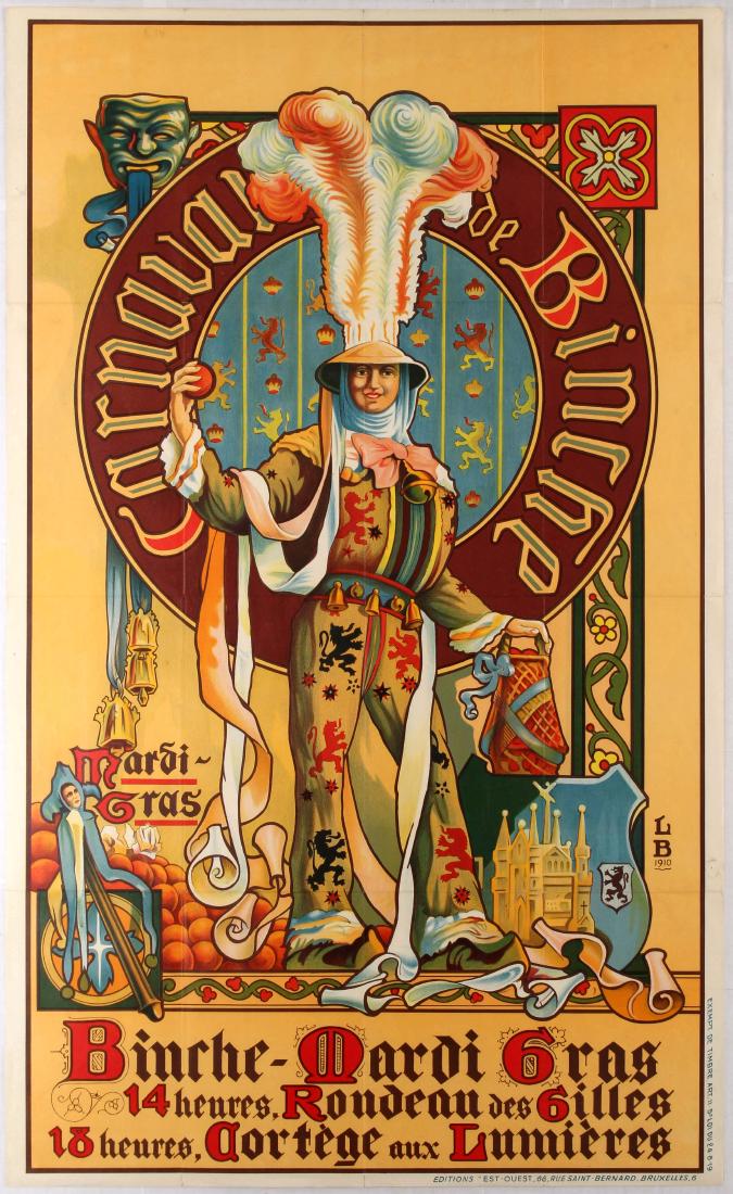 Advertising Poster Carnival de Binche Mardi Grass: Original vintage advertising poster Carnival de Blinche - Mardi Fras. Good condition, folded, small tears and a few punch holes on margins. Country: Belgium. Year: 1910. Designer: Louis Buisseret. Siz