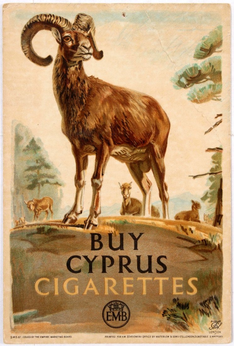 Advertising Poster EMB Cyprus Cigarettes Ram F C: Original vintage advertising double-sided poster card Buy Cyprus Cigarettes. This card is one of a series being issued to retail grocers by the Empire Marketing Board. The series is designed to includ