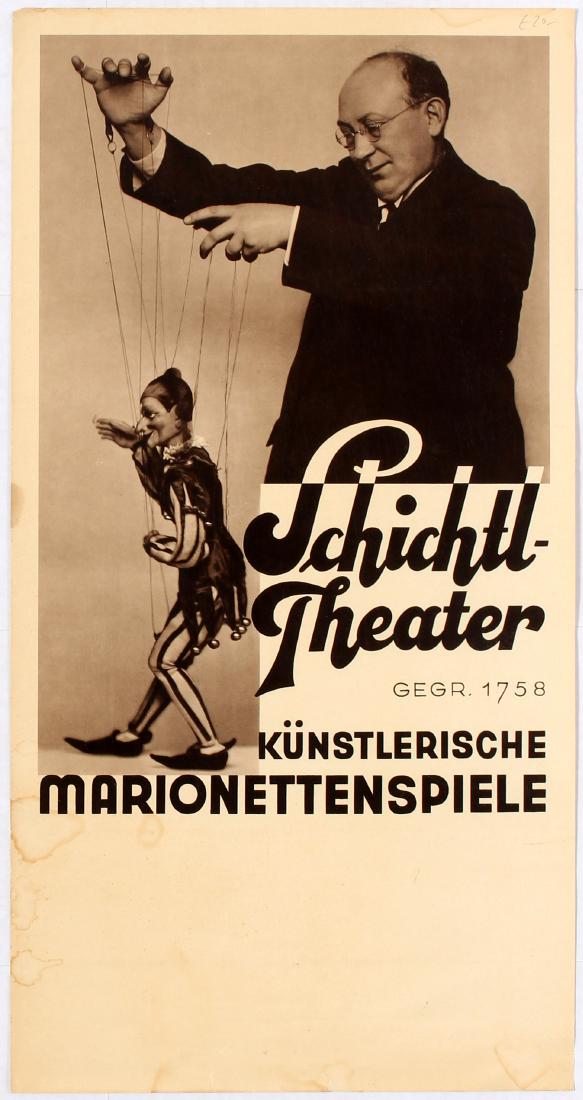 Advertising Poster Schichtl Theater Marionette Art Deco: Original vintage advertising poster Schichtl-Theater Marionette Performance(Schichtl-Theater Kunstlerische Marionettenspiele). Good condition, tears, creases and water stains on margins, pencil witing