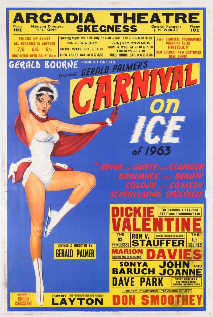 Advertising Poster Carnival on Ice Gerald Palmer 1963: Original vintage advertising poster for Gerald's Palmer Carnival on Ice of 1963 Arcadia Theatre Skegness. Good condition, stains and creases on margins, paper loss on the right marign. Country: UK. Ye