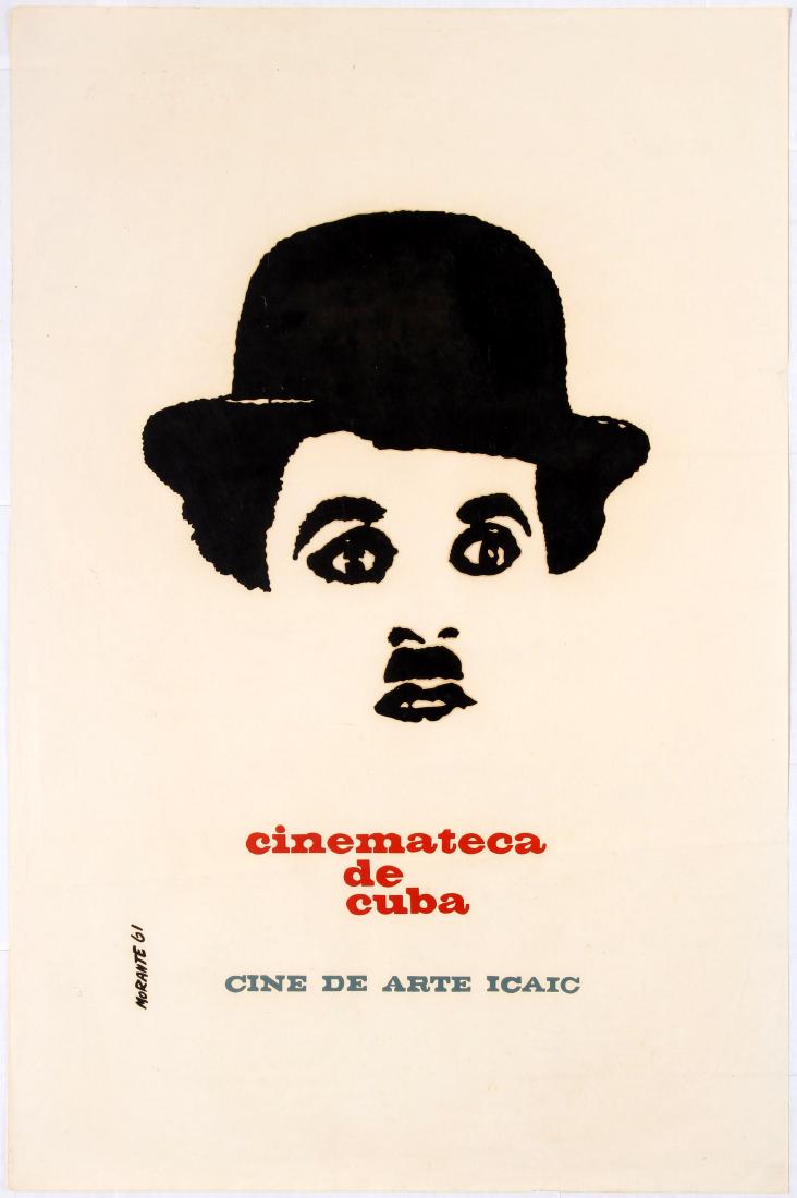 Cuba Advertising Poster Cinemateca Charlie Chaplin: Original vintage advertising poster promoting Cuban cinema and the art of ICAIC (Instituto Cubano del Art e Industria Cinematograficos), featuring art of Charlie Chaplin by Rafael Morante. Good condit