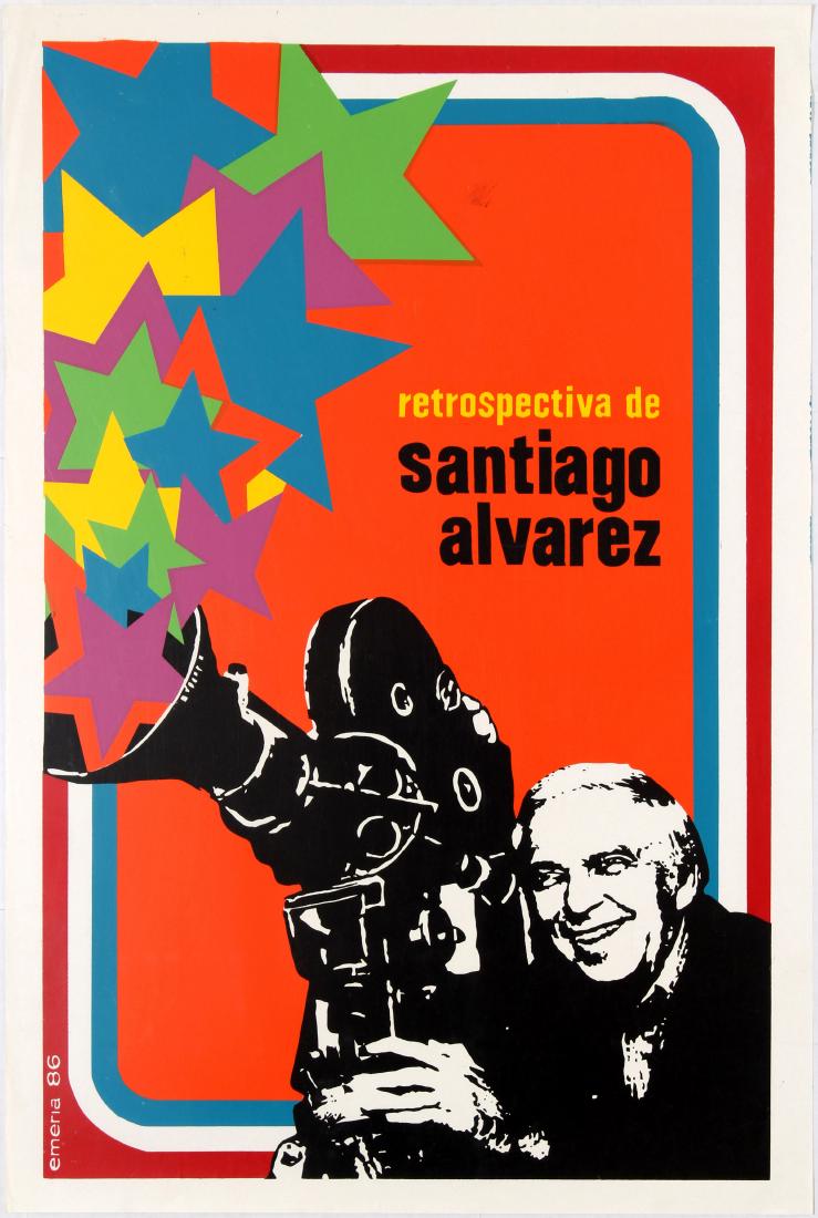 Cuba Movie Poster Retrospective of Santiago Alvarez: Original vintage advertising Cuban poster promoting a festival of films by the Cuban filmmaker Santiago Alvarez (1919 â€“ 1998) who was famous for his â€œnervous montageâ€ technique of usi