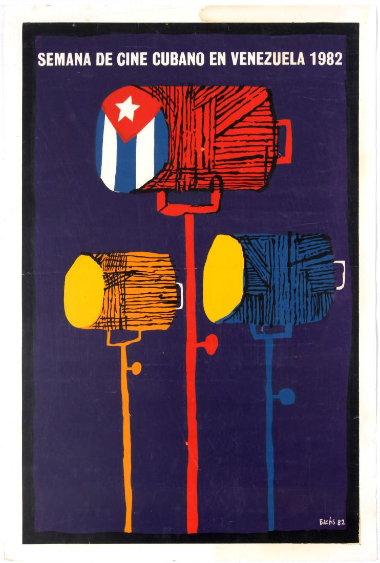 Cuba Advertising Poster Cuban Film Week Venezuela Bachs: Original vintage advertising poster promoting Cuban film week in Venezuela (Semana De Cine Cubano En Venezuela).Silkscreen illustration. Good condition, creases, small tears and dirt spots on margins,