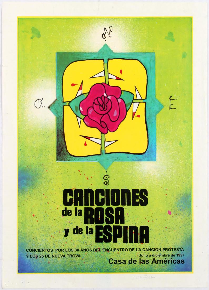 Cuba Advertising poster Canciones de la Rosa Espina: Original vintage advertising poster Canciones de la Rosa y de la Espina promoting concerts for 30 years since Cancion Protesta. Good conditin, small tears and creases on margins, pencil signature of A