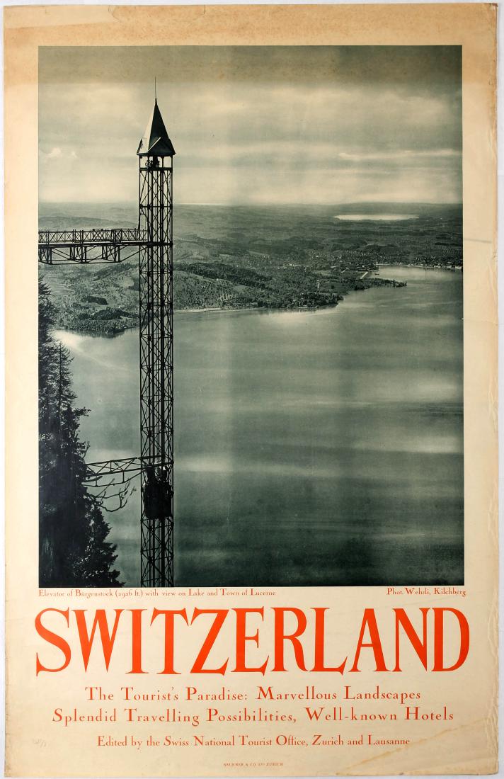 Travel Poster Switzerland Lucerne Burgenstock: Original vintage travel poster Switzerland The Tourist's Paradise: Marvellous Landscapes Splendid Travelling Possibilities, Well-known Hotels. Photo of the Burgenstock lift. Fair condition, tears on m