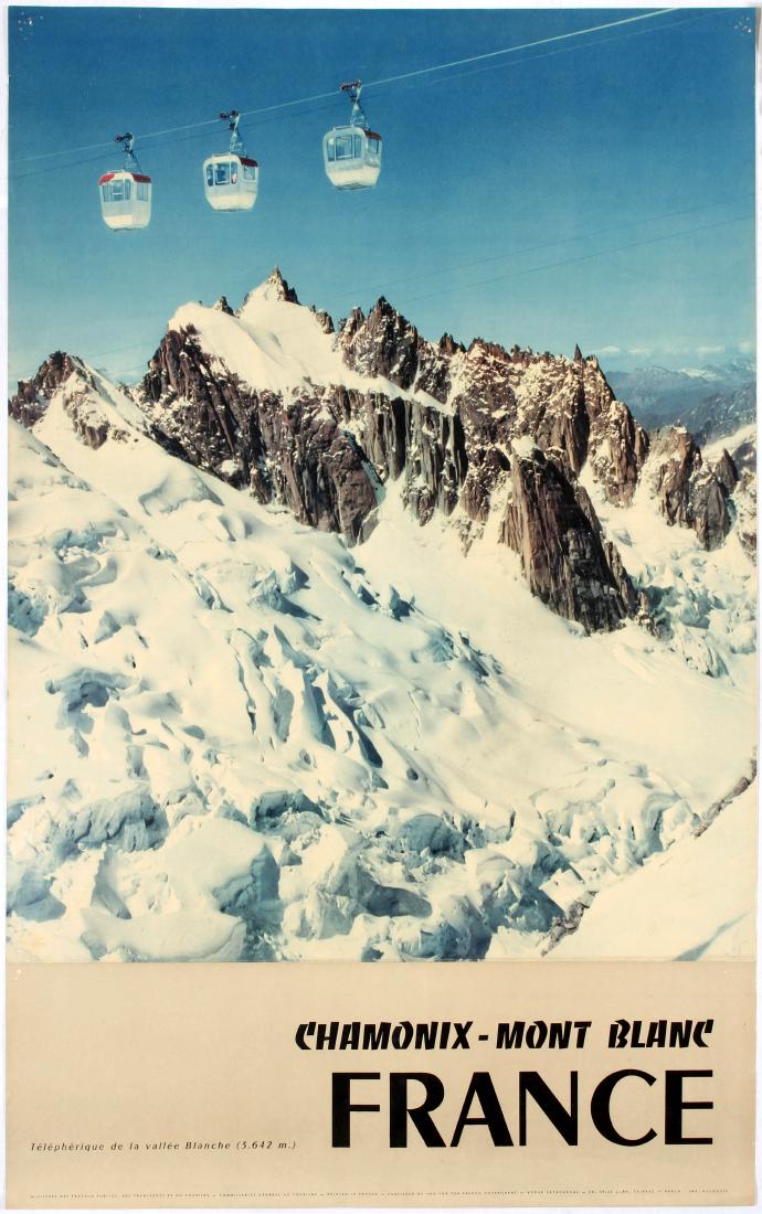 Travel Poster France Skiing Vallee Blanche Cable Car: Original vintage travel poster in the ski resort of VallÃ©e Blanche Cable Car a passenger cable car linking a mountain peak above Courmayeur (Italy) to a peak above Chamonix (France) by passing over