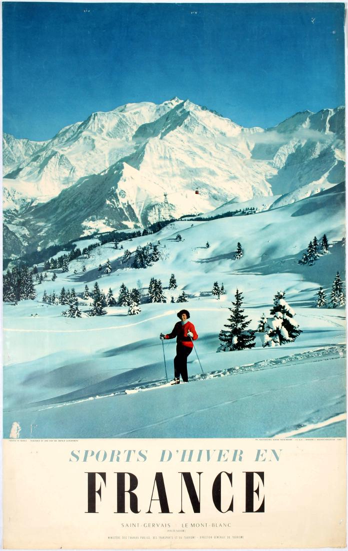 Travel Poster France Skiing Winter Sports in: Original vintage travel poster advertising winter sports in the ski resort of Saint-Gervais-les-Bains. Saint-Gervais-les-Bains is a commune in the Haute-Savoie department in the Auvergne-RhÃ´ne-Alpe