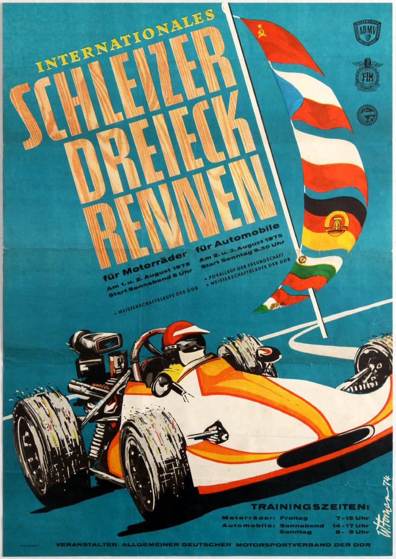 Sport Poster Schleizer Dreieck International Race W.: Original vintage German sport poster advertising International Race (Internationales Schleizer Dreieck Rennen). Good condition, folded, few creases. Country: Germany. Year: 1974. Designer: W. Forner.