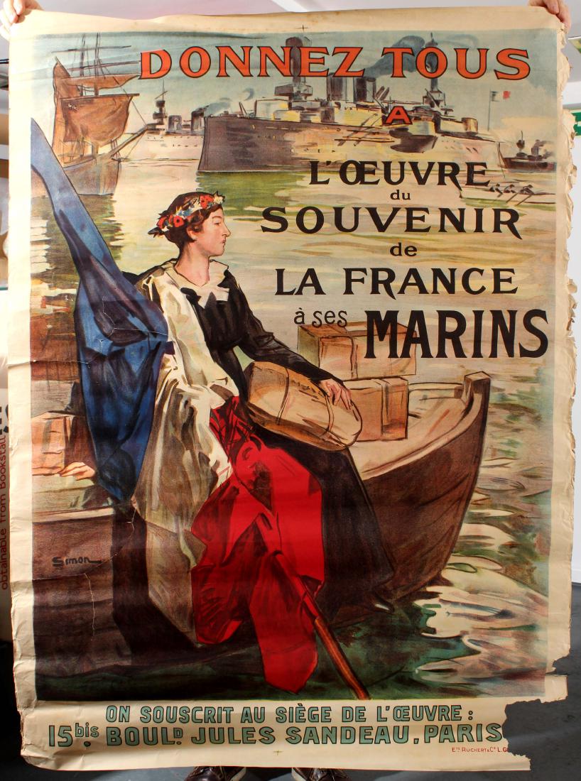 War Propaganda WWI Poster Donnez Tous France WWI: Original vintage propaganda poster Donnez tous e l'Oeuvre du Souvenir de la France e ses marins. Fair condition, big tears, paper losses and creases in margins, tears on the image. Country: France. Ye