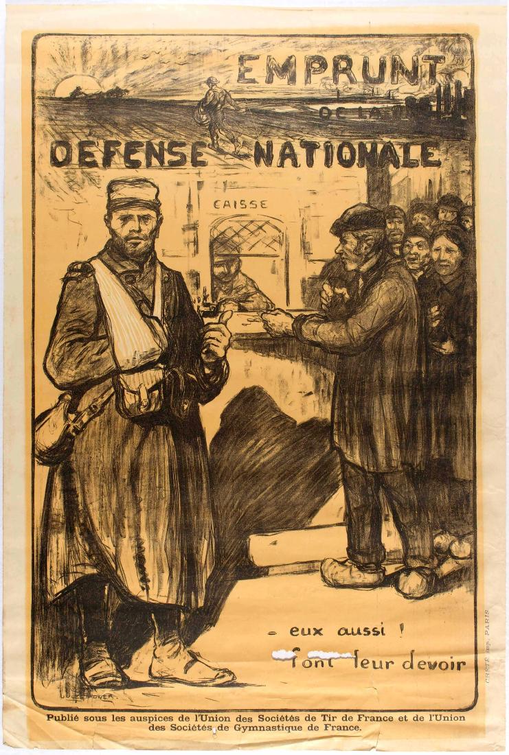 War Propaganda WWI Poster National Defense Loan Do: Original vintage propaganda poster National Defence Loan (Emprunt de la DÃ©fense nationale - eux aussi ! font leur devoir). Fair condition, creases and rusty spots on margins, tears and paper losses