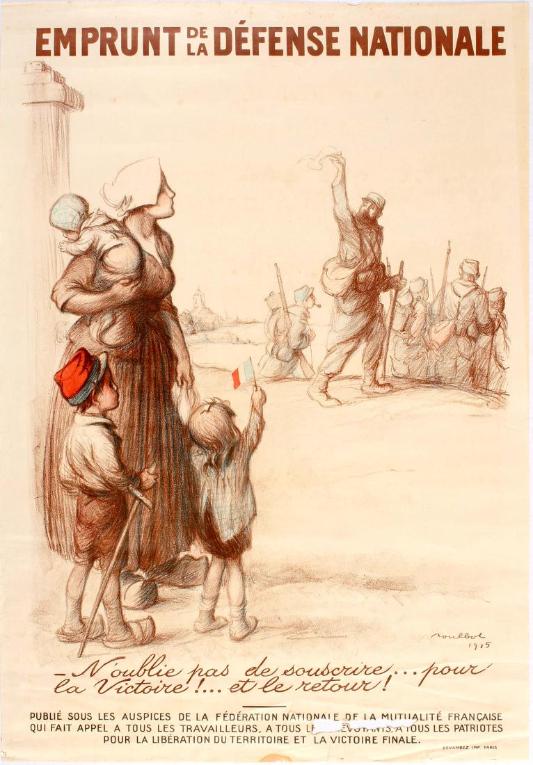 War Propaganda WWI Poster National Defense Loan: Original vintage propaganda poster National Defense Loan (Emprunt De La Defense Nationale). Fair condition, rusty spots on top margin, water stain and tear on bottom margin, paper loss on bottom and c