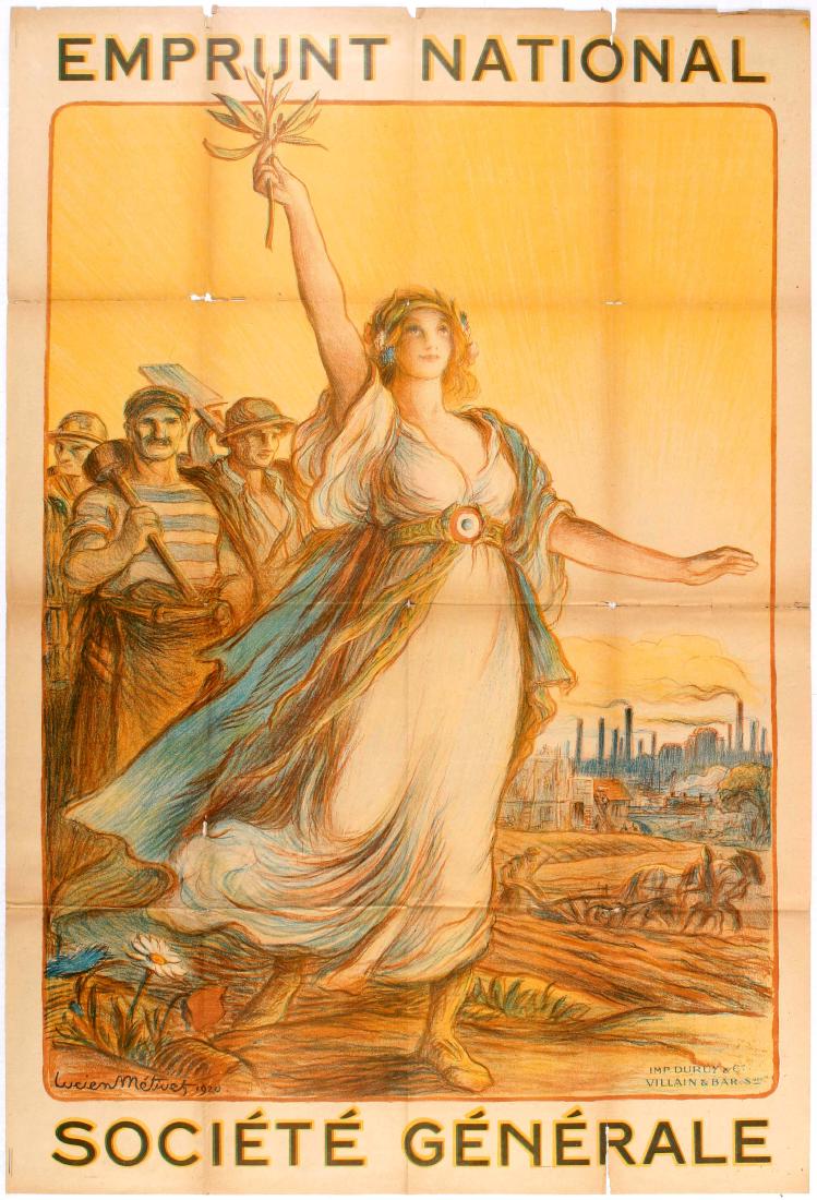 Propaganda Poster National Loan Societe Generale France: Original vintage propaganda poster National Loan (Emprunt National Societe Generale). Good condition, folded, tears and paper losses on folds. Country: France. Year: 1920. Designer: Lucien Metivet. Si