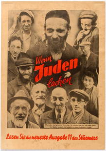 Antisemitic Propaganda Poster Nazi Germany Third Reich: Original vintage antisemitic propaganda poster issued in the Nazi Germany: When Jews Laugh (Wenn Juden Lachen). Approximate translation of information on poster: The Jews are born criminals. They are