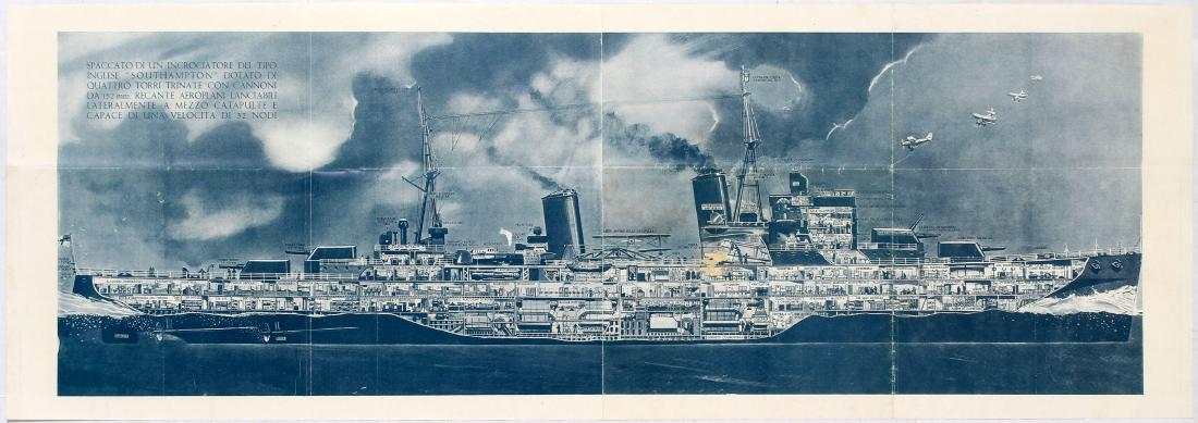 Propaganda Poster Royal Navy HMS Southampton Italy: Original vintage Italian propaganda poster showing the scheme of British aircraft carrier Southampton in section. HMS Southampton was a member of the first group of five ships of the Town class of lig