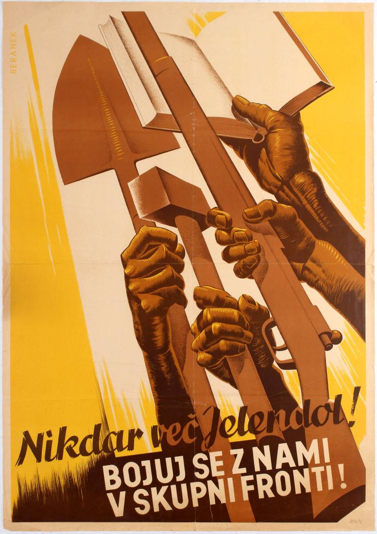 WWII Slovenia Axis Propaganda Nazi Yugoslavia WWII: Original vintage propaganda Anti-Communism poster Nikdar Ve Jelendol! Never again Jelendol! Fight with us in a common front!, Fascist poster, Slovenia (Yugoslavia). Jelendol was a small village where