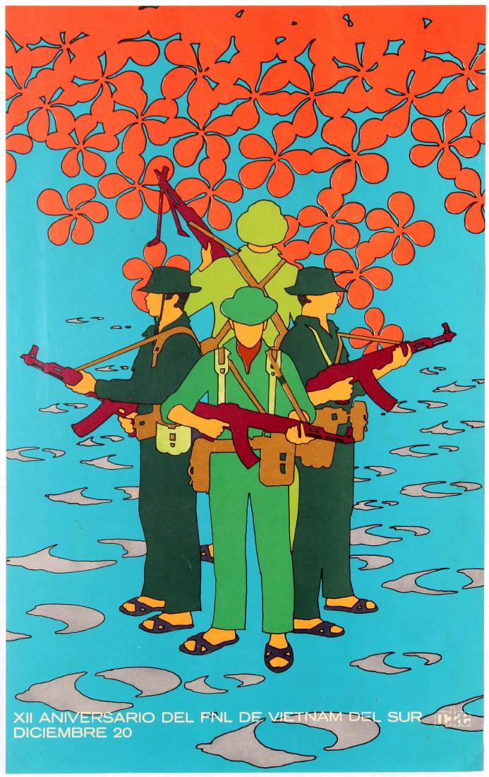 Cuba Propaganda Poster OSPAAAL Vietnam National Front: Original vintage Cuban propaganda poster XII Aniversario Del FNL De Vietnam Del Sur Diciembre 20. The Viet Cong was an army and political movement active in South Vietnam and Cambodia during the Vietn