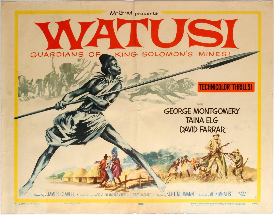 Movie Poster Watusi Guardians of King Solomon's Mines: Original vintage movie poster Watusi: Guardians of King Solomon's Mines!, the 1959 Kurt Neumann Africa native tribe jungle adventure thriller (Guardians of King Solomon's mines!; Technicolor Thrills!;