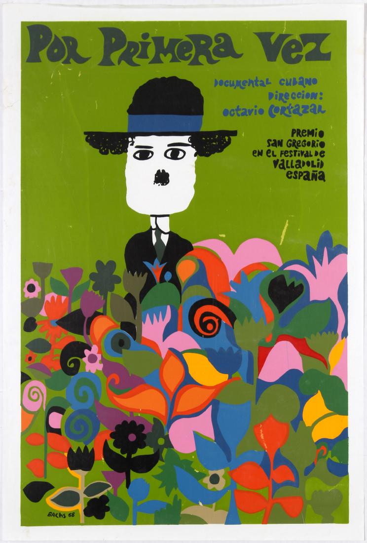 Cuba Movie Poster For the First Time Bachs 1969: Original vintage movie poster for Cuban documentary For the First Time (Por Primera Vez) directed by Octavio Cortazar. 1969 A travelling film projectionist brings the film Modern Times to a secluded v