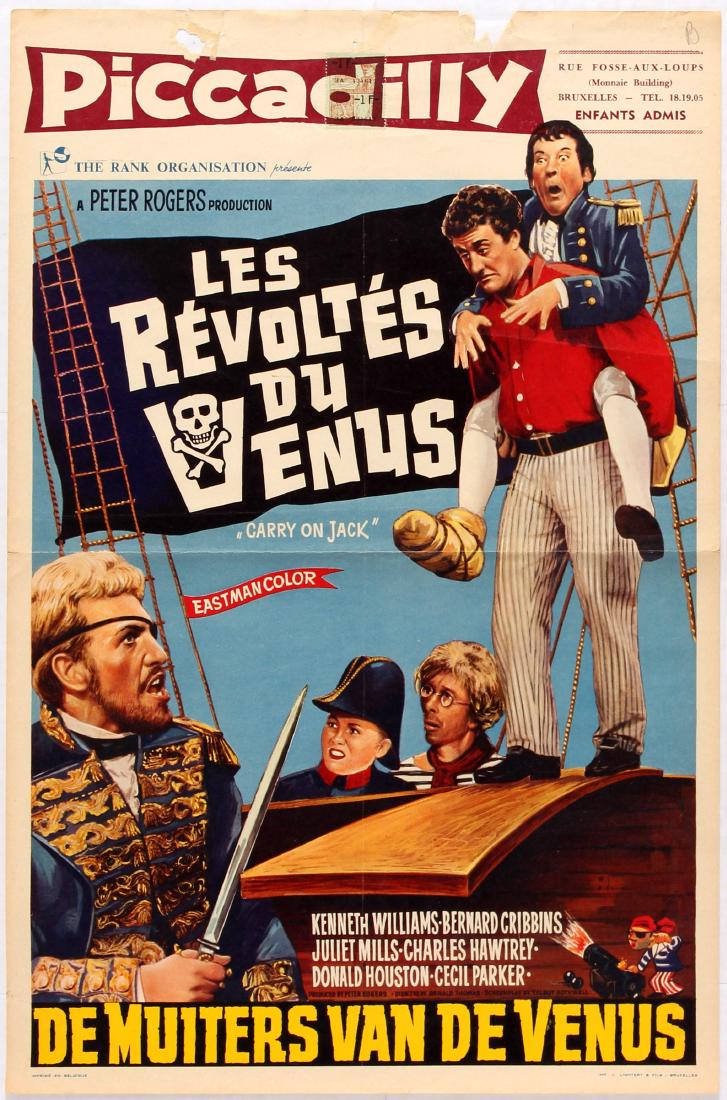 Movie Poster Carry on Jack 1963: Original vintage movie poster for Belgium release of UK comedy Carry on Jack directed by Gerald Thomas starring Kenneth Williams, Charles Hawtrey and Bernard Cribbins. This is the tale of Albert Poop-