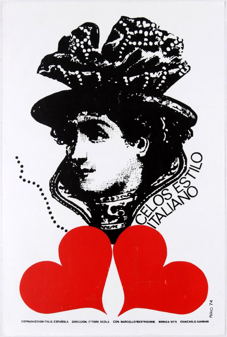 Cuba Movie Poster Drama of Jealousy Niko 1974: Original vintage movie poster for the Cuban release of Italian/Spanish movie Drama of Jealousy (Celos Estilo Italiano) directed by Ettore Scola starring Marcello Mastroianni. Excellent illustration by