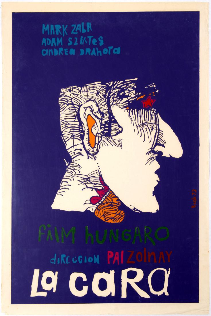 Cuba Movie Poster Face Pal Zolnay Bachs 1972: Original vintage movie poster for Cuban release of Hungarian movie Face (La Cara) directed by Pal Zolnay starring Mark Zala, Gyorgy Cserhalmi and Andrea Drahota. Silkscreen illustration. Good conditon
