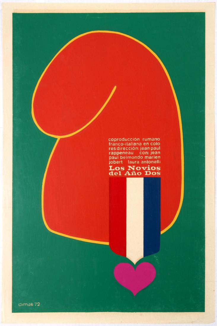 Cuba Movie Poster The Scoundrel Dimas 1972: Original vintage movie poster for Cuban release of Roman French-Italian adventure comedy The Scoundrel (Los Novios del Ano Dos) directed by Jean-Paul Rappeneau starring Jean-Paul Belmondo, MarlÃ¨ne 