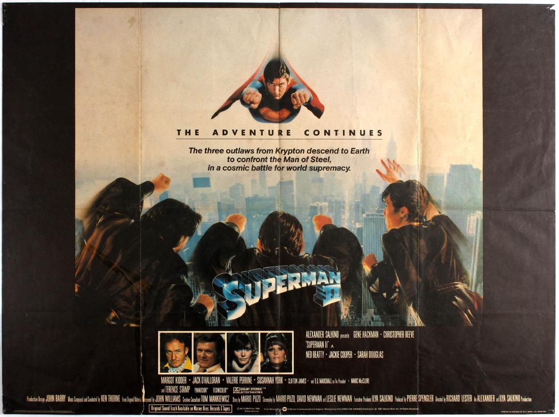 Movie Poster Superman II UK 1981: Original vintage movie poster for UK release of Superman II directed by Richard Lester starring Gene Hackman, Christopher Reeve and Margot Kidder. Superman agrees to sacrifice his powers to start a re