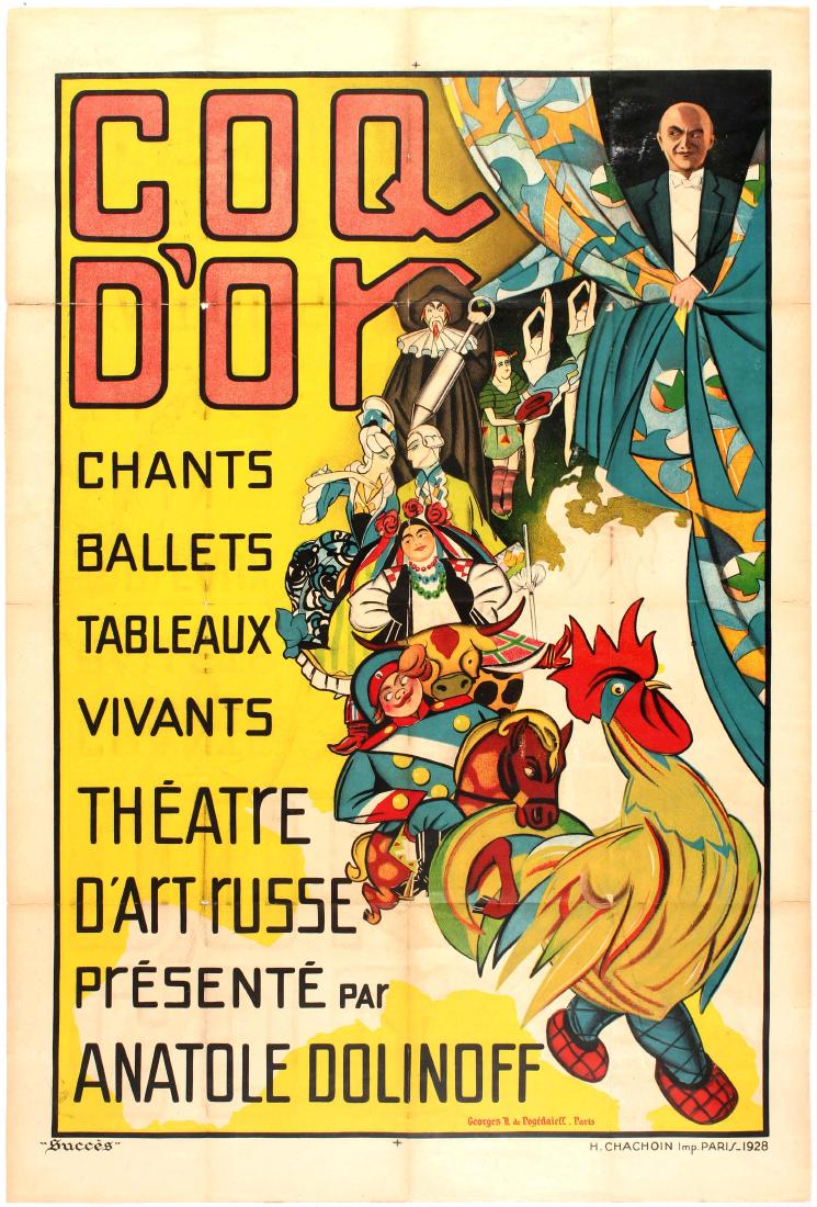 Advertising Poster Ballet Russe Golden Cockerell: Original vintage theatrical song and dance advertising poster for the Coq d'Or chants ballets tableaux vivants Theatre d'Art Russe presente par Anatole Dolinoff - Golden Rooster / "The Golden Cockerel