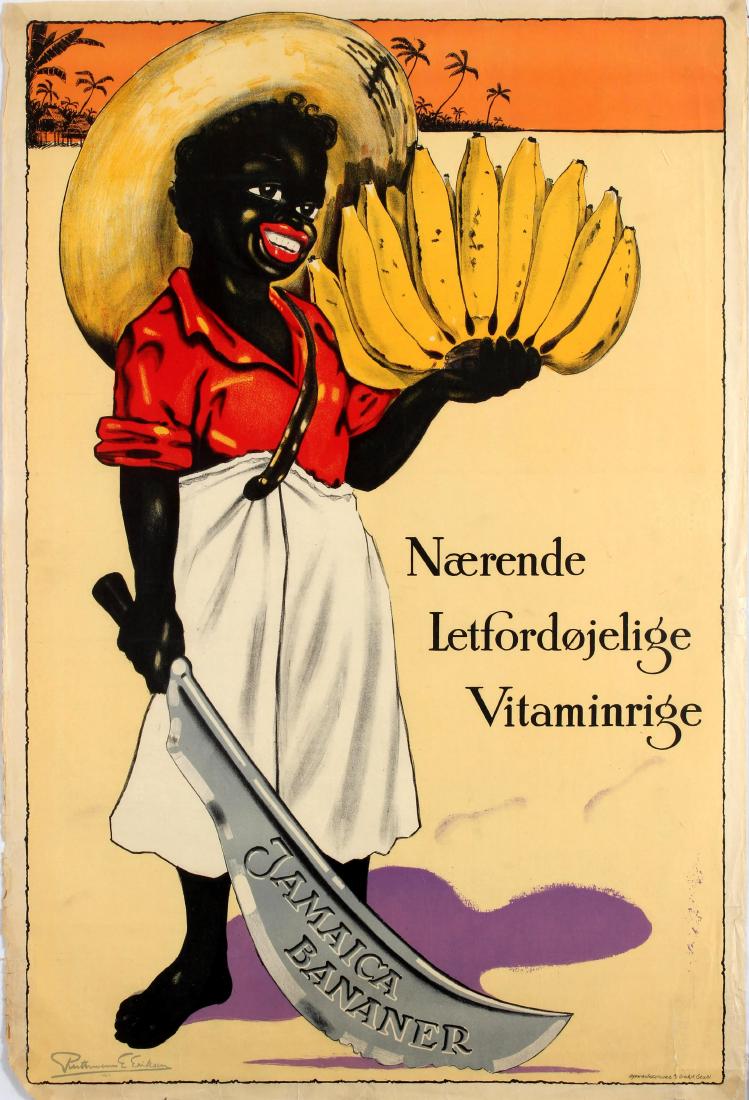 Advertising Poster Jamaican Bananas Jamaica: Original vintage poster in Danish advertising bananas from Jamaica - Nourishing - Digestible - Rich in Vitamins - featuring a colourful illustration of a smiling young boy wearing a straw hat and hold