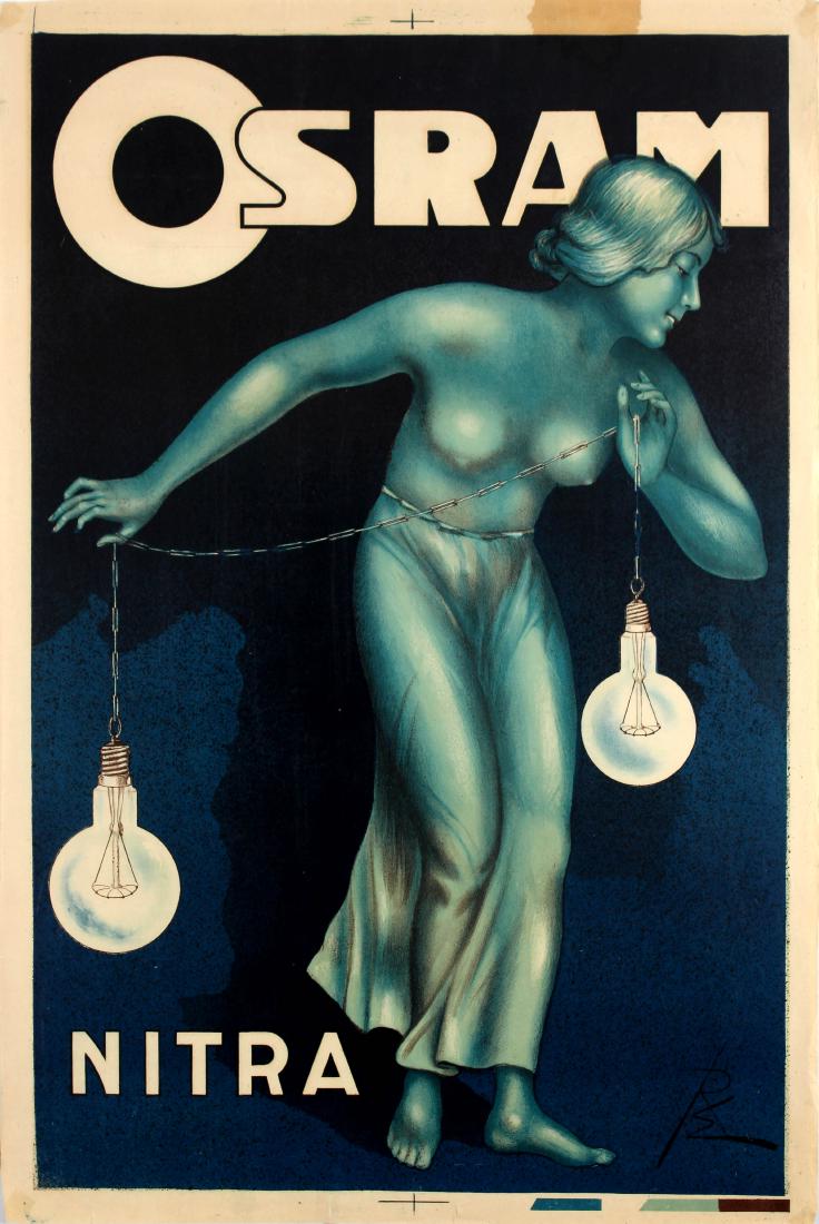 Advertising Poster Osram Nitra Lightbulbs Art Deco: Original vintage advertising poster for Osram Nitra lights featuring a great image of the ancient Greek goddess Ariadne, the Mistress of the Labyrinth, holding a chain with an Osram light bulb at each