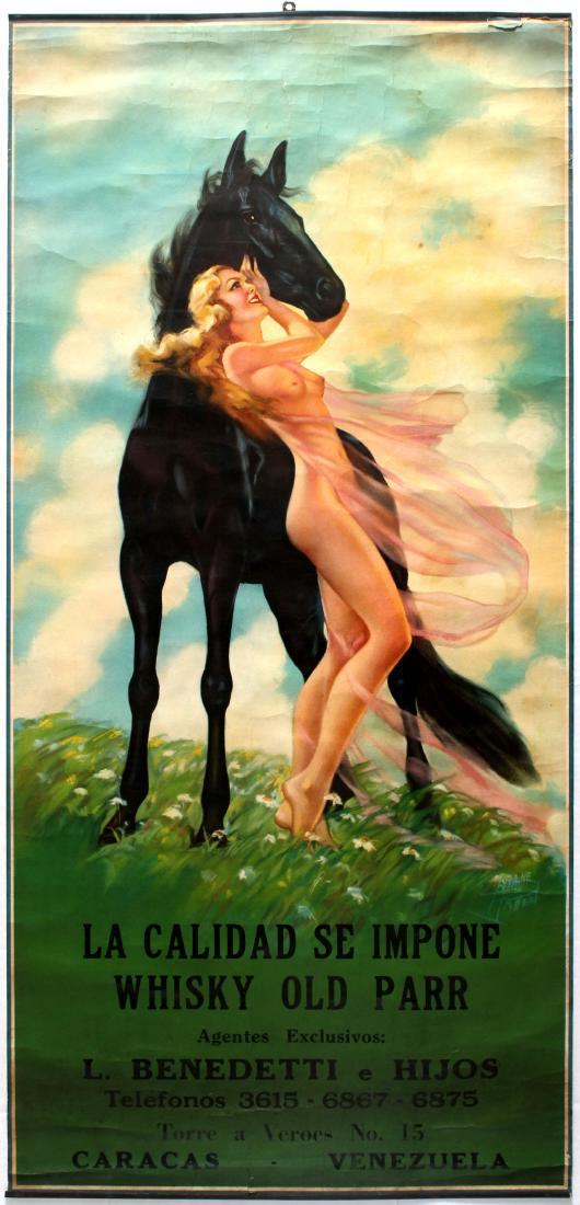 Advertising Poster Whiskey Horse Nude Art Deco: Original vintage advertising poster Quality of Old Whiskey (La Calidad Se impone Whisky Old Parr). Great Art Deco illustration features a nude woman wearing transparent pink scarf hugging a black stal