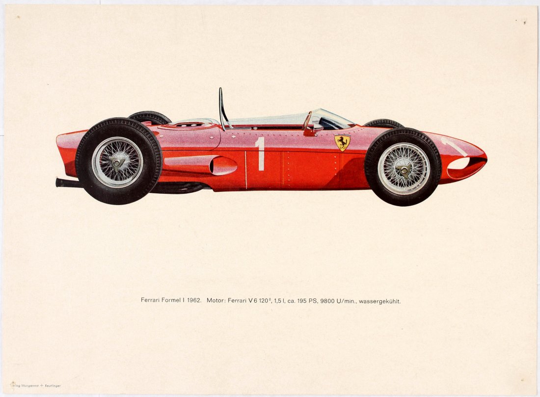 Car Racing Posters Formula 1 Ferrari Porsche Lotus 1962: Original vintage advertising folder set of 6 poster Formula 1 - BRM, Cooper, Ferrari, Lola, Lotus, Porsche. Very good condition, pinholes in corners. Country: Germany. Year: 1962. Designer: Unknown. S