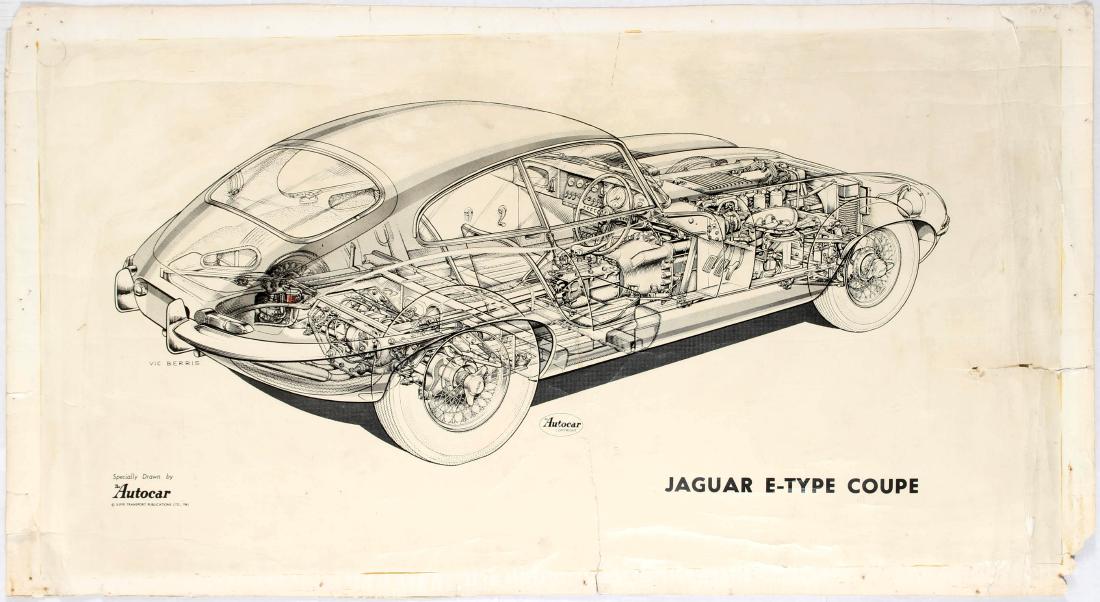 Advertising Poster Jaguar E-Type Coupe Vic Berris: Original vintage advertising poster Jaguar E-Type Coupe. Illustrations features car diagram. Printed on thick paper. Fair condition, creases all over the image, pin holes, tears and small paper losses