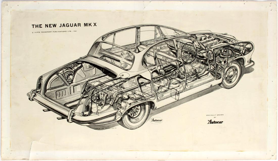 Advertising Poster The New Jaguar MK X Marsden: Original vintage advertising poster The New Jaguar MK X. Illustration features car diagram. Fair condition, tears, small paper losses on margins, creases on the image. Country: UK. Year: 1961. Designe