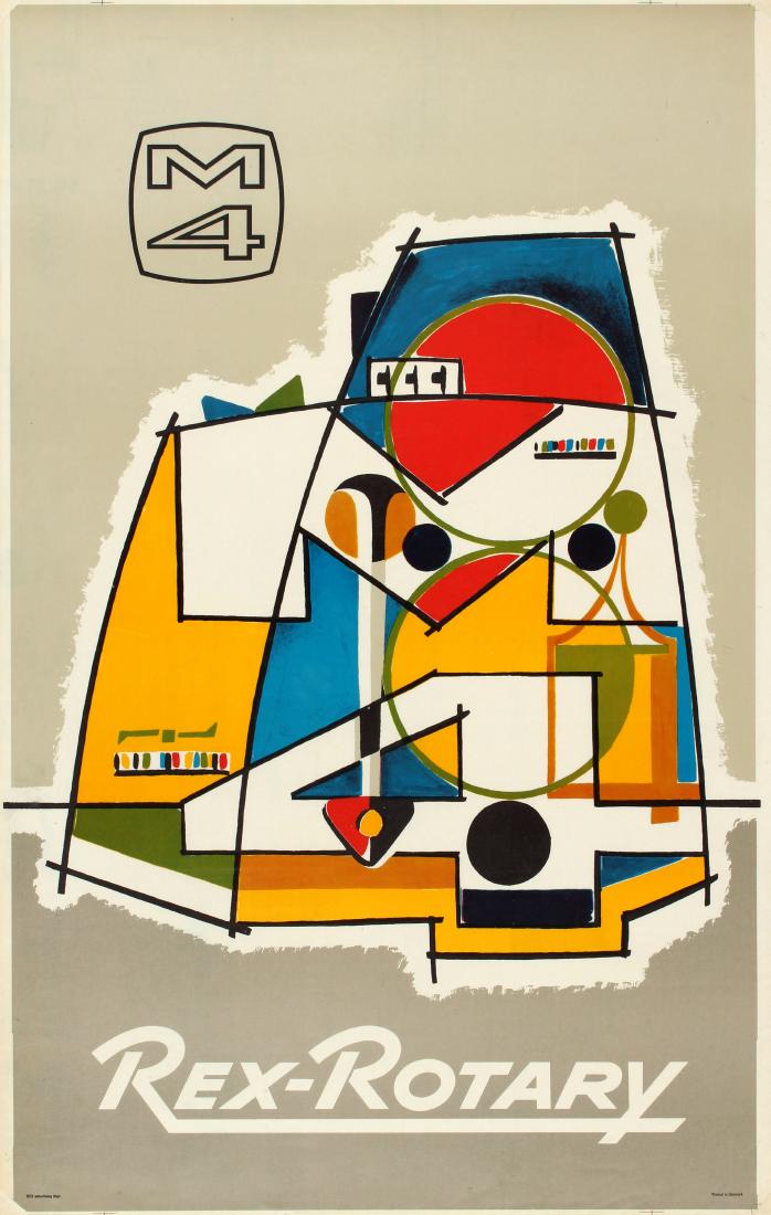 Advertising Poster Rex Rotary M4 Midcentury Modern: Original vintage advertising poster for the silkscreen duplicator Mimeograph Rex-Rotary M4 featuring a colourful mid-century modern image of a printing duplicator and its inner mechanism with the mode