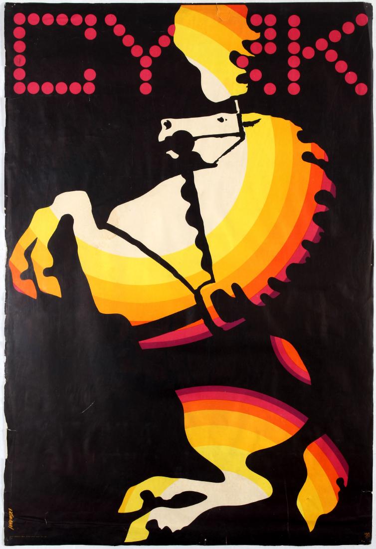 Advertising Poster Cyrk Horse Janowski Poland Circus: Original vintage Polish advertising poster Circus (Cyrk) featuring illustration of horse with stylised lettering above. Good condition, tears, creases and small paper losses on margins. Country: Polan