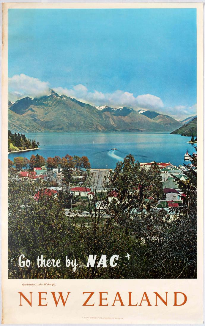 Travel Poster New Zealand Queenstown NAC Airline: Original vintage travel poster promoting travel to New Zealand Queensway by New Zealand National Airways Corporation. Good condition, creases and tears on margins. Country: New Zealand. Year: 1962. De