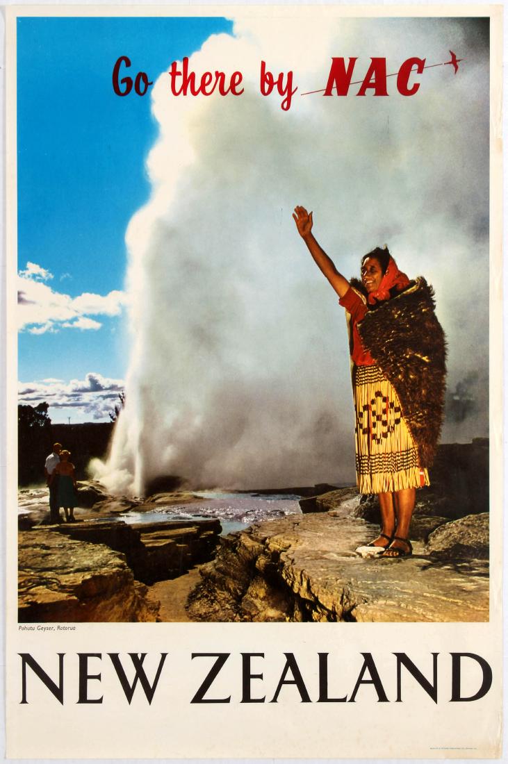 Travel Poster New Zealand Pohutu Geyse NAC Airline: Original vintage travel poster promoting travel to New Zealand Pohotu Geyser, Rotorua by New Zealand National Airways Corporation. Good condition, creases and tears on margins. Country: New Zealand. Y