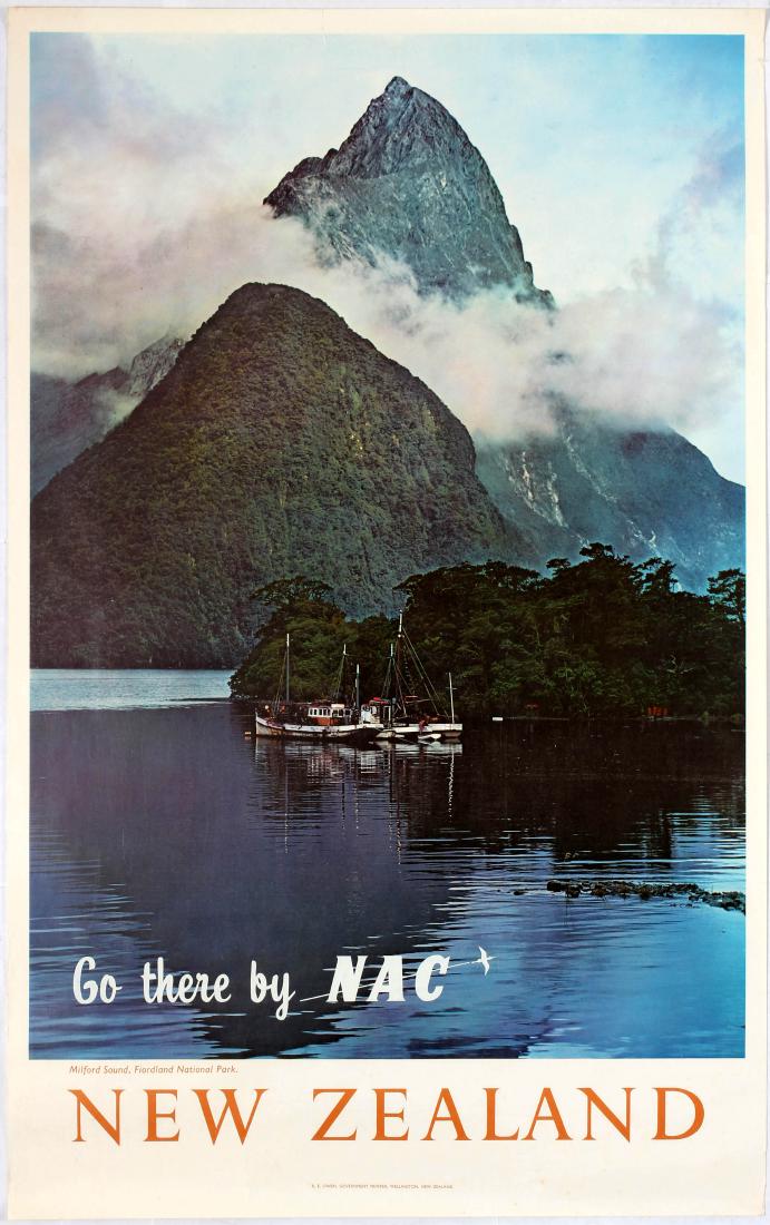 Travel Poster New Zealand Milford Sound NAC Airline: Original vintage travel poster promoting travel to New Zealand Milford Sound, Fiordland National Park by New Zealand National Airways Corporation. Good condition, creases on margins, rusty spots on bo